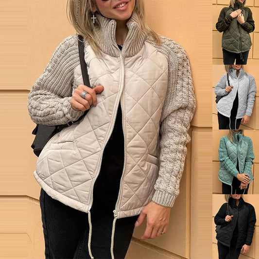 Stehkragen Baumwolljacke mit Taschen Mode Stricknähte Reißverschlussmantel Winter warme Oberteile für Damen