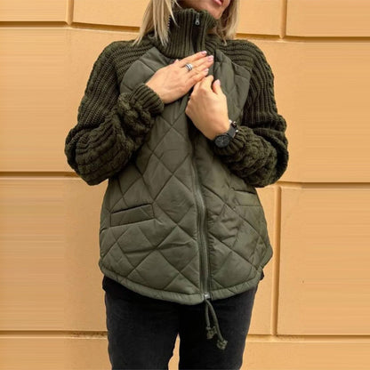 Stehkragen Baumwolljacke mit Taschen Mode Stricknähte Reißverschlussmantel Winter warme Oberteile für Damen