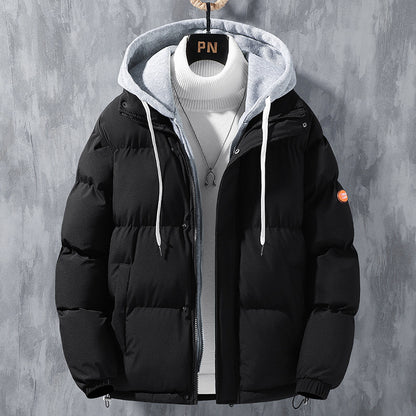 Fashion Hooded Jacket Men Winter Windproof Thickened Fake Two-piece Coat