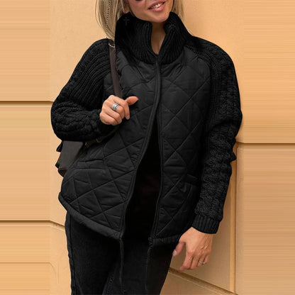 Stehkragen Baumwolljacke mit Taschen Mode Stricknähte Reißverschlussmantel Winter warme Oberteile für Damen