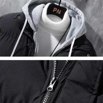 Fashion Hooded Jacket Men Winter Windproof Thickened Fake Two-piece Coat